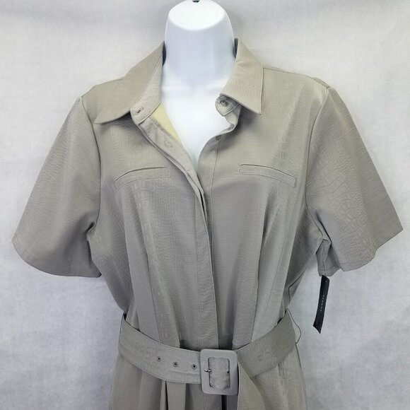 ALFANI Maxi Dress Women's 12 Gray Faux Leather Short Sleeve Belted Button Up NWT - Picture 2 of 16
